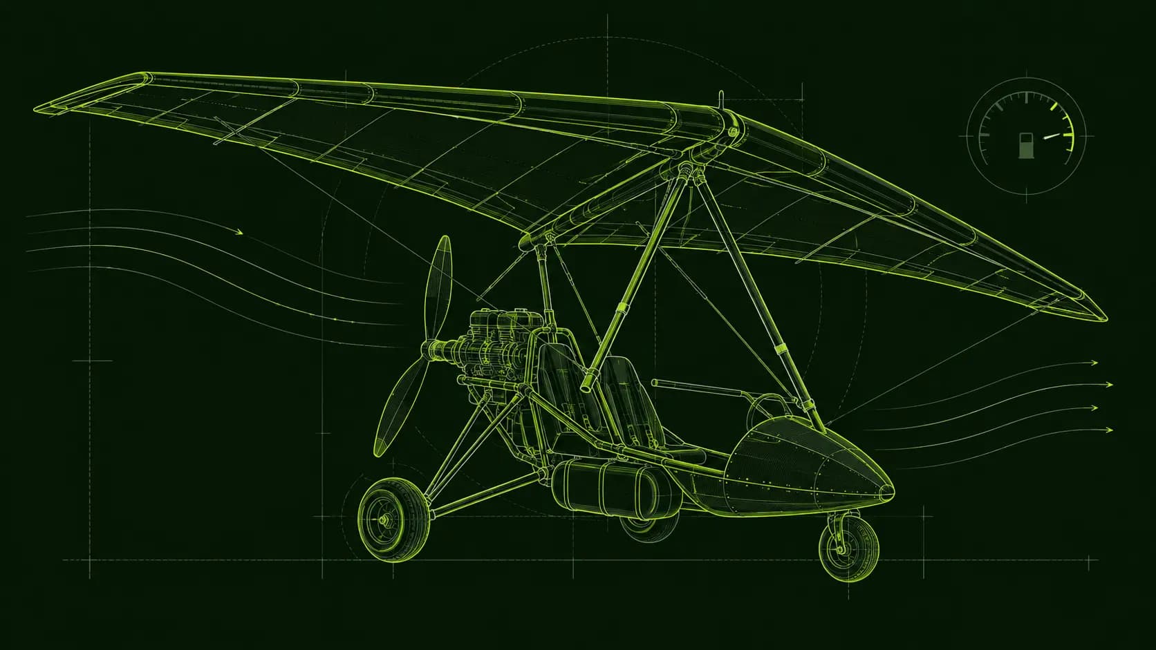 Neon-lime blueprint drawing of a PUBG Motor Glider with a fuel gauge