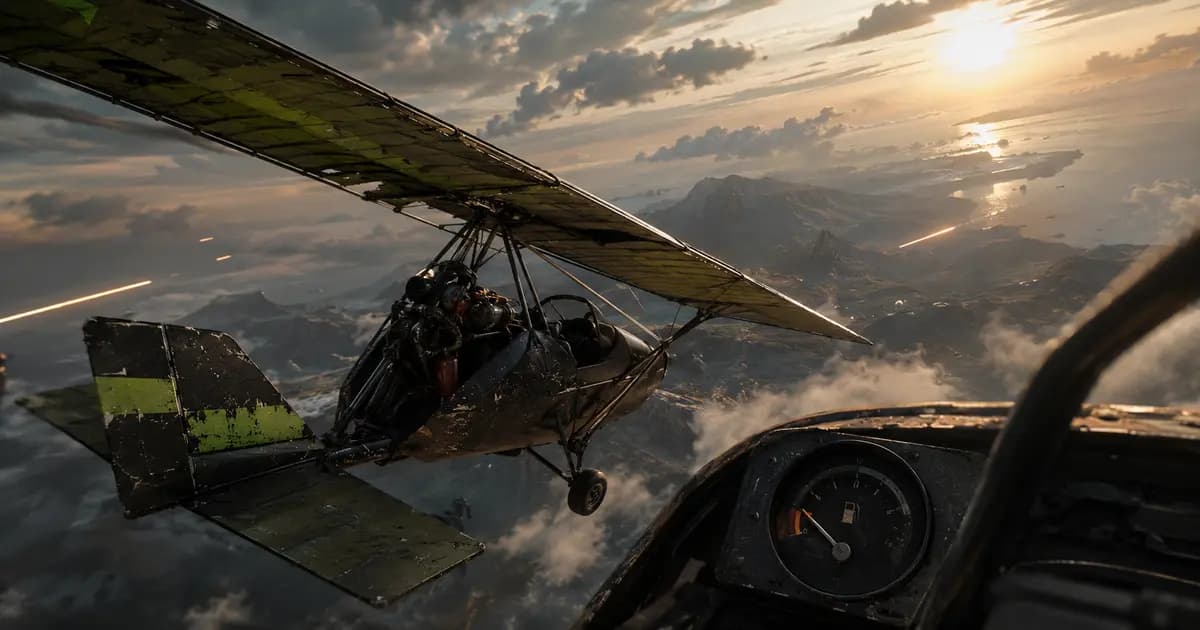 A battle-worn Motor Glider flying above an island battlefield with an almost empty fuel gauge