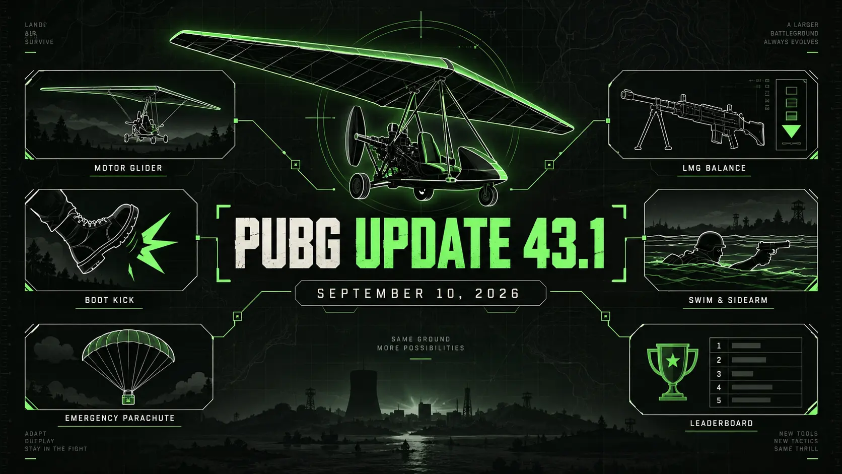 Tactical green schematic for PUBG Update 43.1 showing a Motor Glider, LMG, kick, water combat, emergency parachute and leaderboard