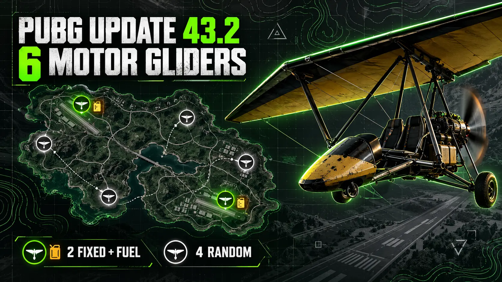 Tactical green schematic for PUBG Update 43.2 showing six Motor Gliders: two fixed spawns with fuel and four random spawns
