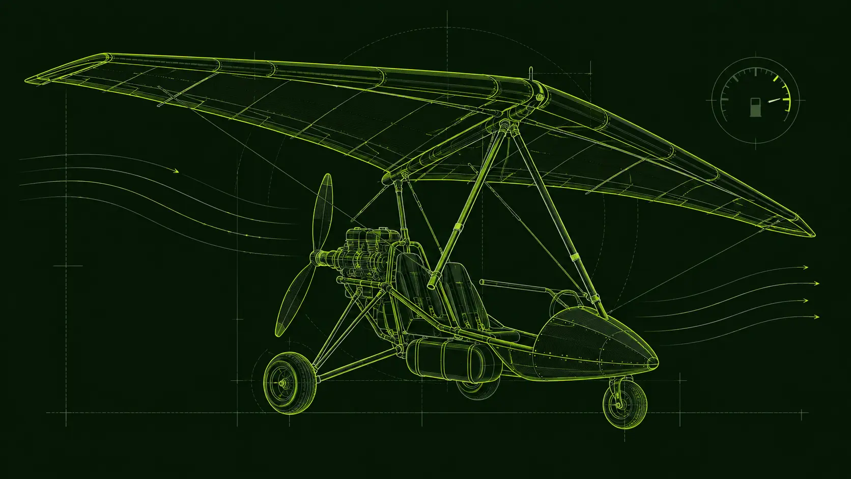 Neon-lime blueprint drawing of a PUBG Motor Glider with a fuel gauge